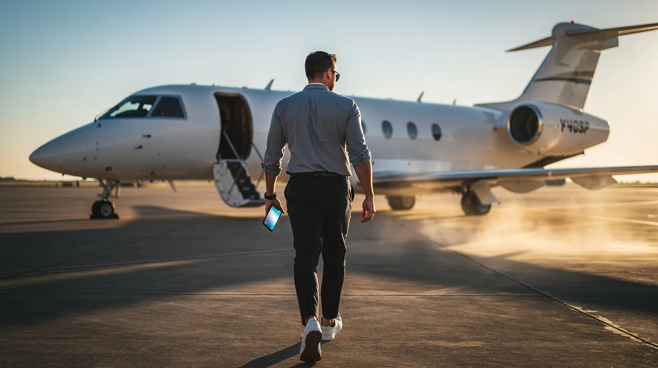 A person is walking towards a private jet on a sunny ramp, holding a smartphone, showcasing the seamless arrival experience at BTR Jet Center. This premiere private FBO in Baton Rouge offers world-class service and modern facilities for passengers and crew.