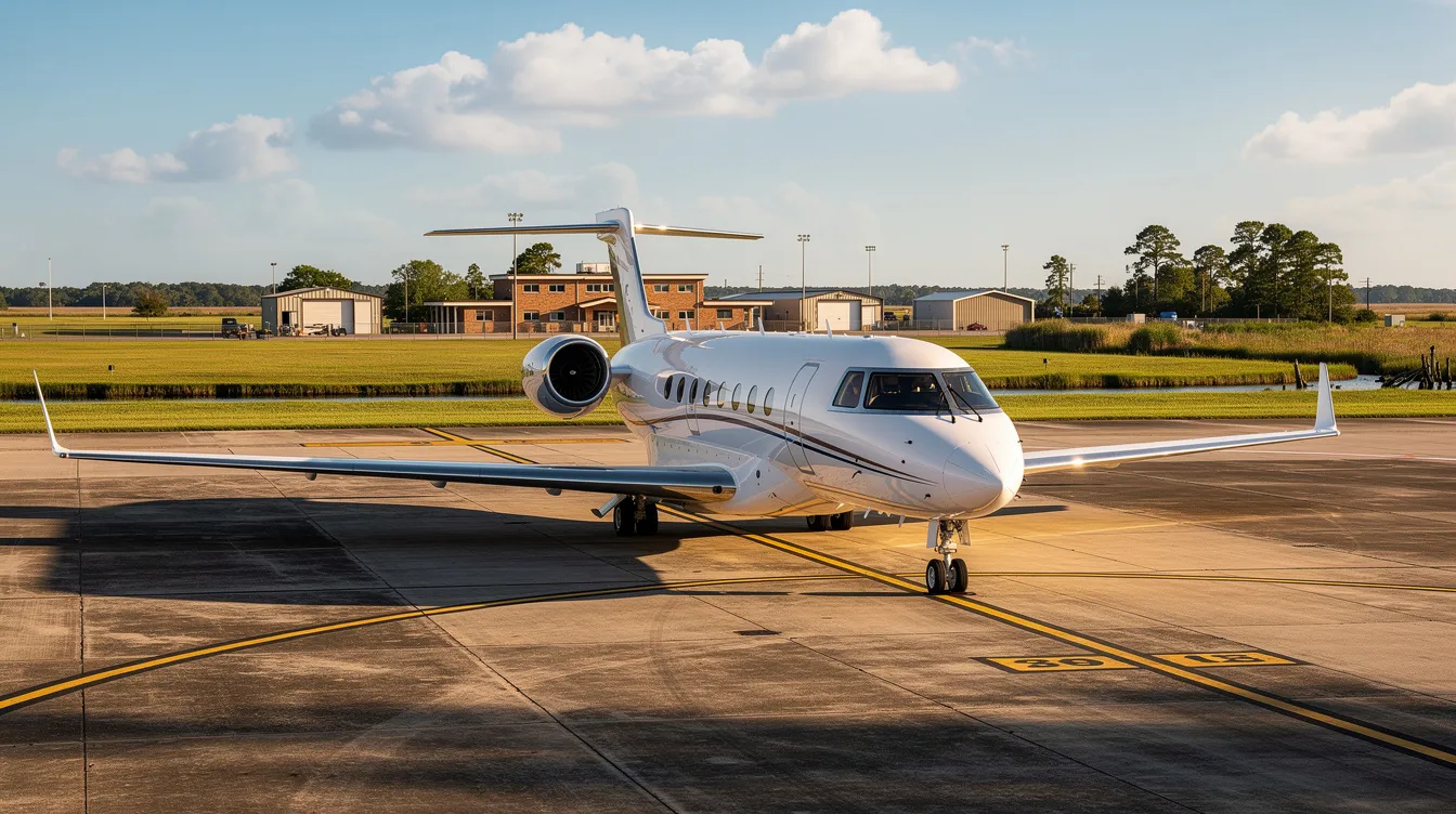 A sleek private jet is parked on a sunlit tarmac at a regional airport in Baton Rouge, Louisiana, surrounded by lush greenery. This scene showcases the modern facilities of the BTR Jet Center, known for its world-class service and professional ground support tailored for private aviation.