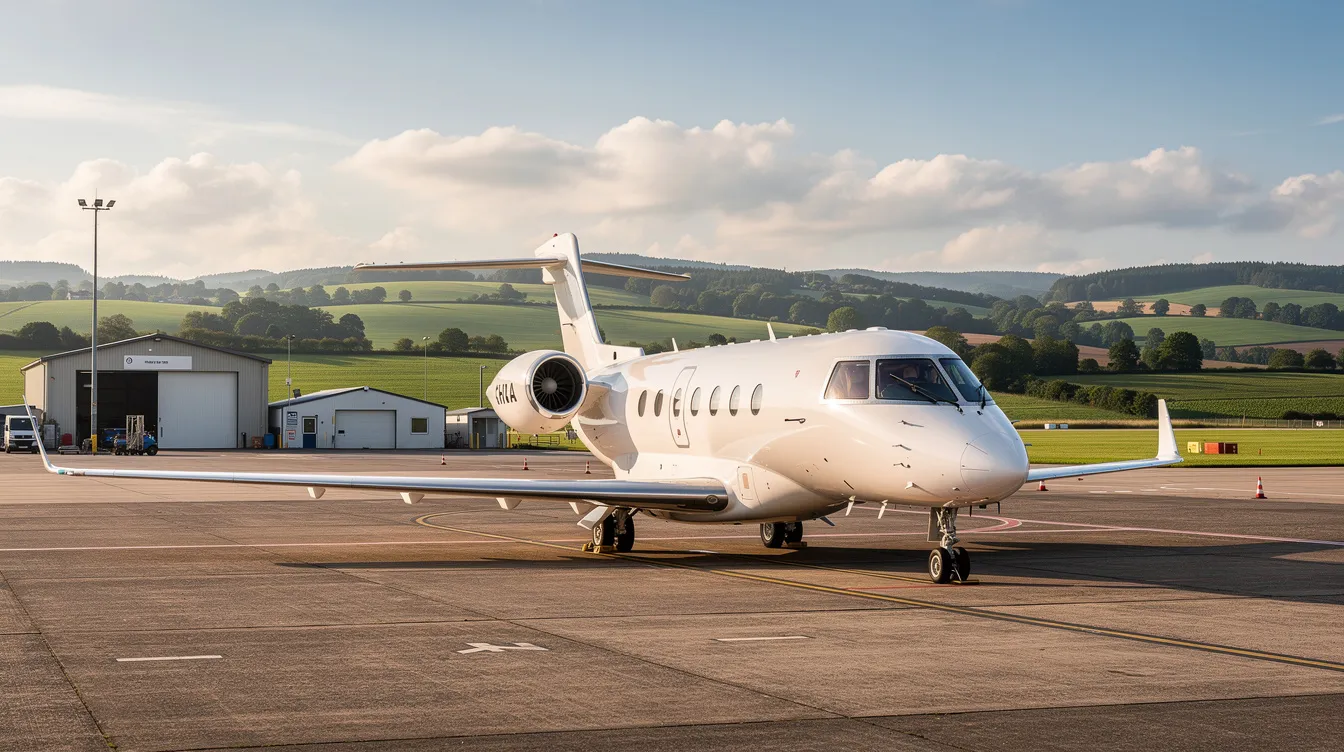 A sleek private jet is parked on the tarmac of a small regional airport, surrounded by lush green countryside, showcasing the luxury and comfort of private aviation. This scene highlights the exceptional service and tailored solutions offered by a dedicated jet center, catering to discerning travelers seeking effortless journeys.