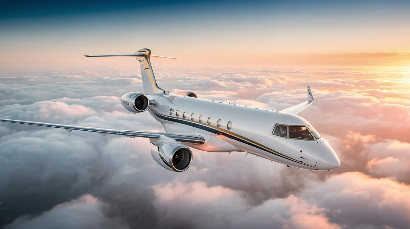 A sleek modern private jet soars gracefully above a soft layer of clouds, bathed in the warm golden hues of sunset. This image captures the essence of luxury private aviation, showcasing the aircraft's elegance as it embarks on a journey tailored for discerning travelers.