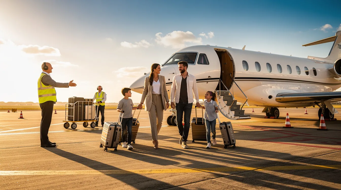 A family is walking toward a private jet on a sunny tarmac, accompanied by their luggage, while a ground crew provides assistance nearby. This scene highlights the exceptional service and luxury of private aviation, ensuring a comfortable and effortless journey for discerning travelers.