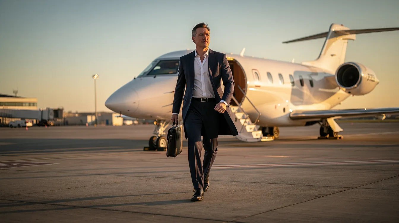 A business executive in a sharp suit strides confidently across the tarmac towards a waiting private jet, symbolizing luxury and efficiency in private aviation. This scene captures the essence of exceptional service and tailored solutions for discerning travelers at a private jet center.
