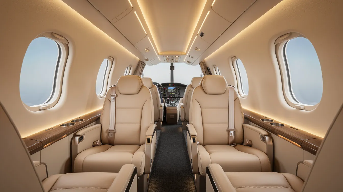 The image depicts the interior of a modern light jet cabin, featuring plush leather seats and warm ambient lighting, creating an inviting atmosphere for passengers. This luxurious private jet setting emphasizes comfort and style, ideal for travelers seeking an affordable and elegant flying experience.