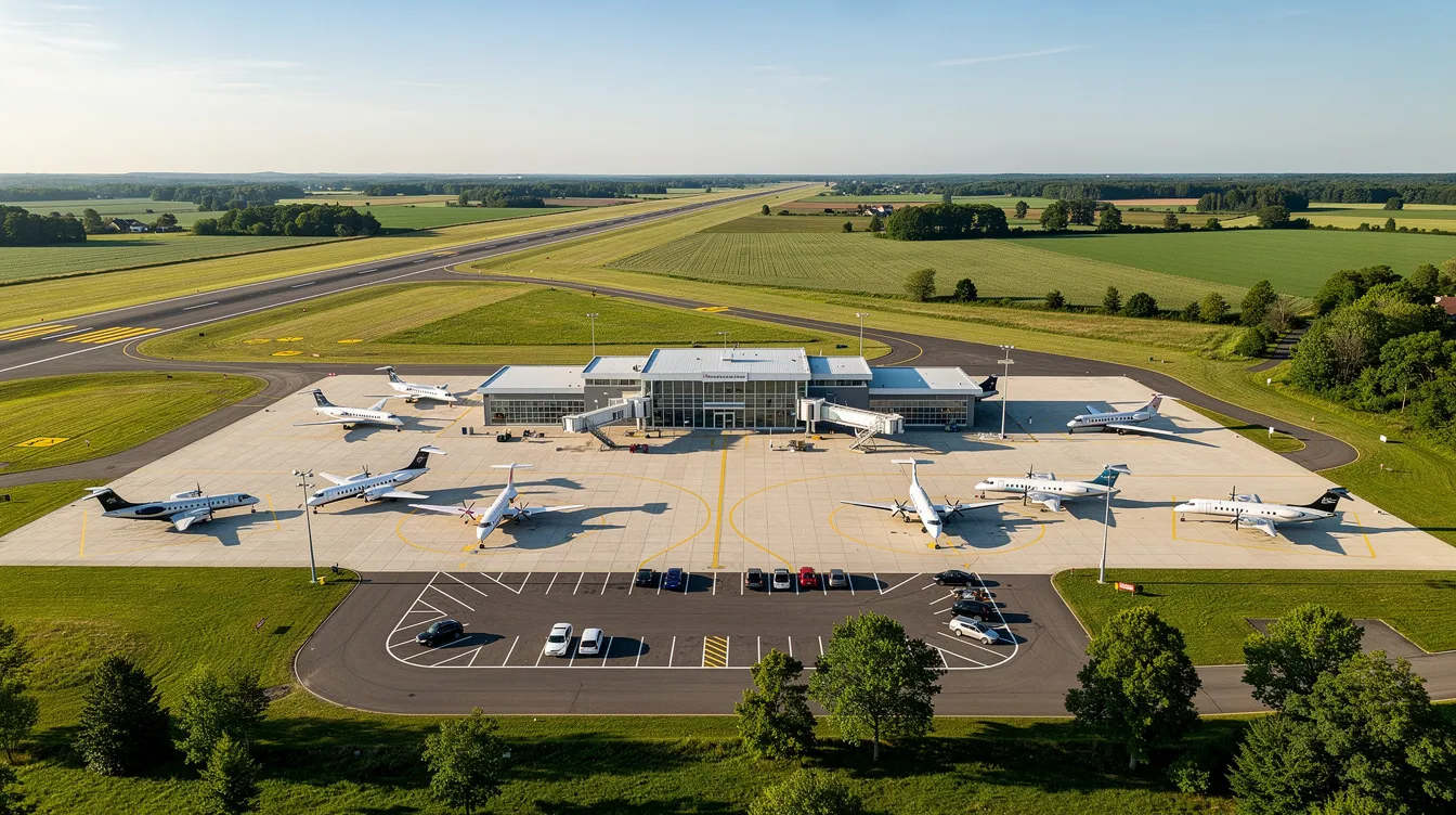 An aerial view showcases a small private aviation terminal nestled within a lush green landscape, highlighting the accessibility of private jet travel. The scene emphasizes the convenience of charter flights, surrounded by nature, providing a serene backdrop for travelers planning their next trip.