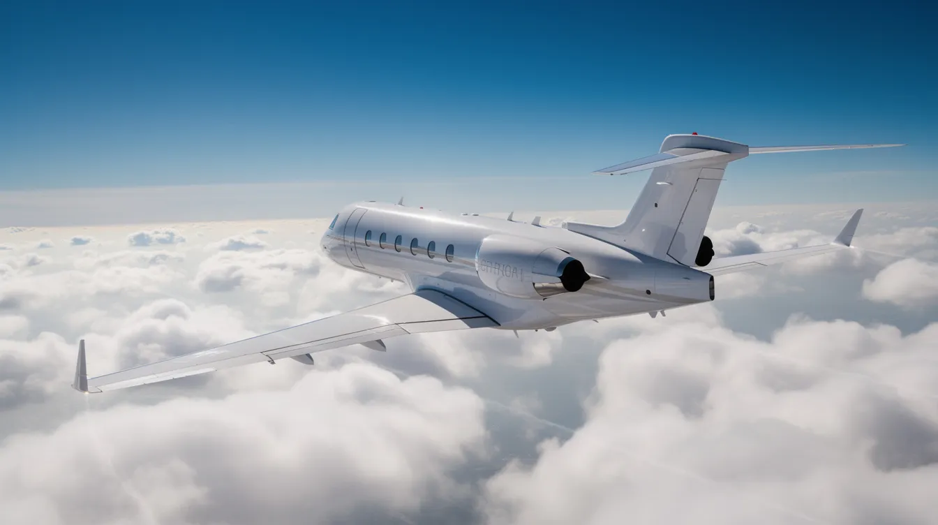 A private jet soars above a blanket of fluffy white clouds against a backdrop of a clear blue sky, showcasing the luxurious experience of private aviation. This image captures the essence of private jet travel, highlighting the beauty and freedom of flying high in the sky.