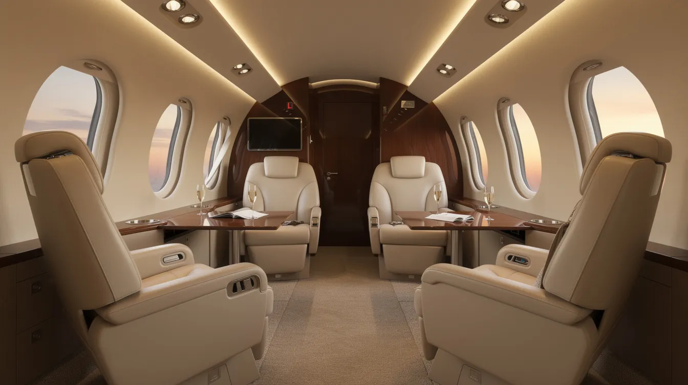 The image depicts the interior of a luxurious private jet cabin, featuring plush leather seats and soothing ambient lighting, perfect for those looking to experience private jet travel in comfort. This elegant setting is ideal for travelers considering empty leg flights, offering a taste of luxury at a reduced cost.
