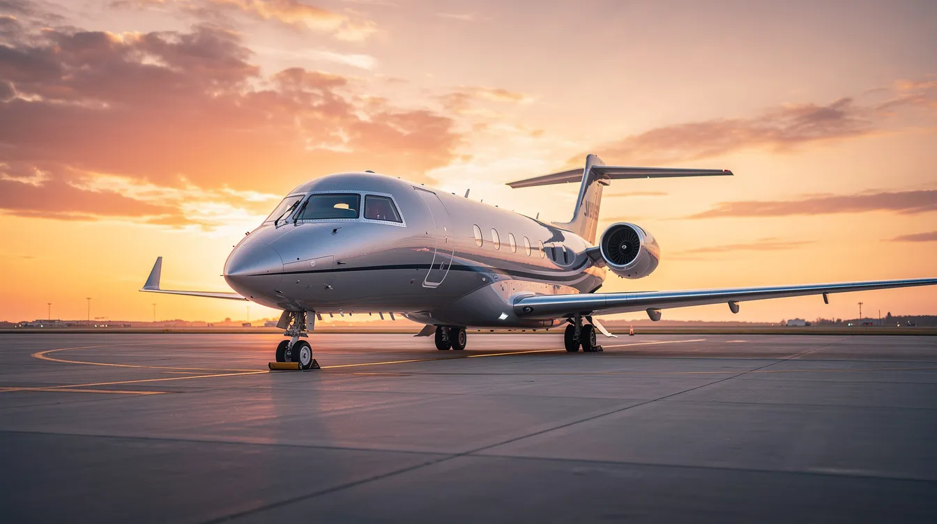 A sleek private jet is parked on a tarmac at sunset, with warm golden light reflecting off its fuselage, showcasing its luxurious design. The scene captures the elegance of air travel, hinting at the comfort and features that travelers can expect in a premium aircraft.