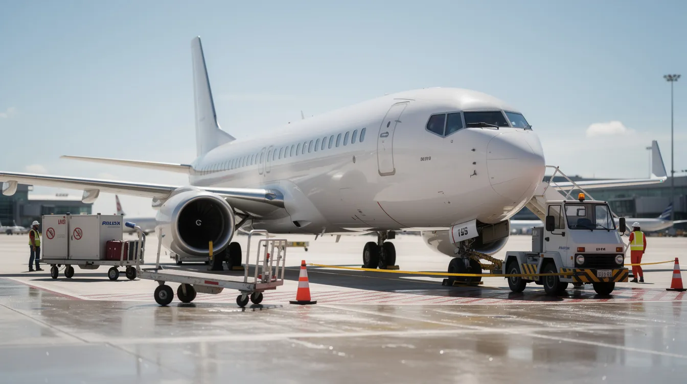 A white Boeing 737 aircraft is parked on a sunny airport tarmac, surrounded by ground crew vehicles preparing for the next flight. The scene captures the aircraft's sleek design and the busy atmosphere of the airport, highlighting its role in passenger travel.