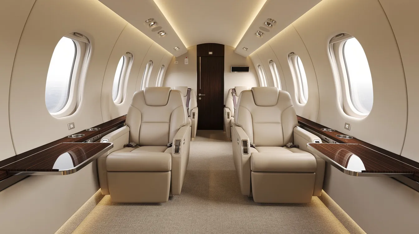 The image depicts the interior of a private jet cabin featuring cream leather seats arranged in a club configuration, allowing passengers to face each other for conversation. This luxurious setup emphasizes comfort and style, ideal for travelers seeking a premium experience.