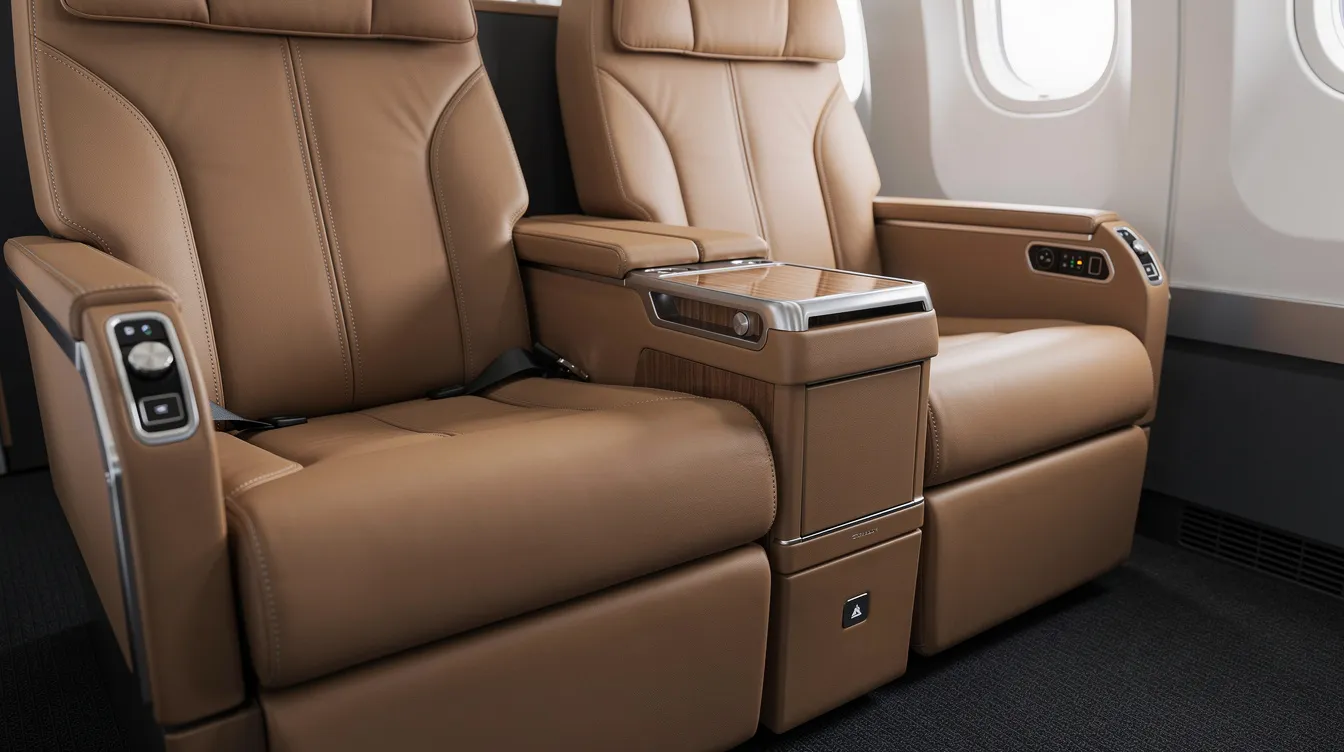 A close-up view of tan leather first class seats in an Alaska Airlines Boeing 737 900, showcasing wide armrests and ample legroom, designed for luxury and comfort in the first class cabin. The seats feature power outlets and USB ports, enhancing the travel experience for passengers.
