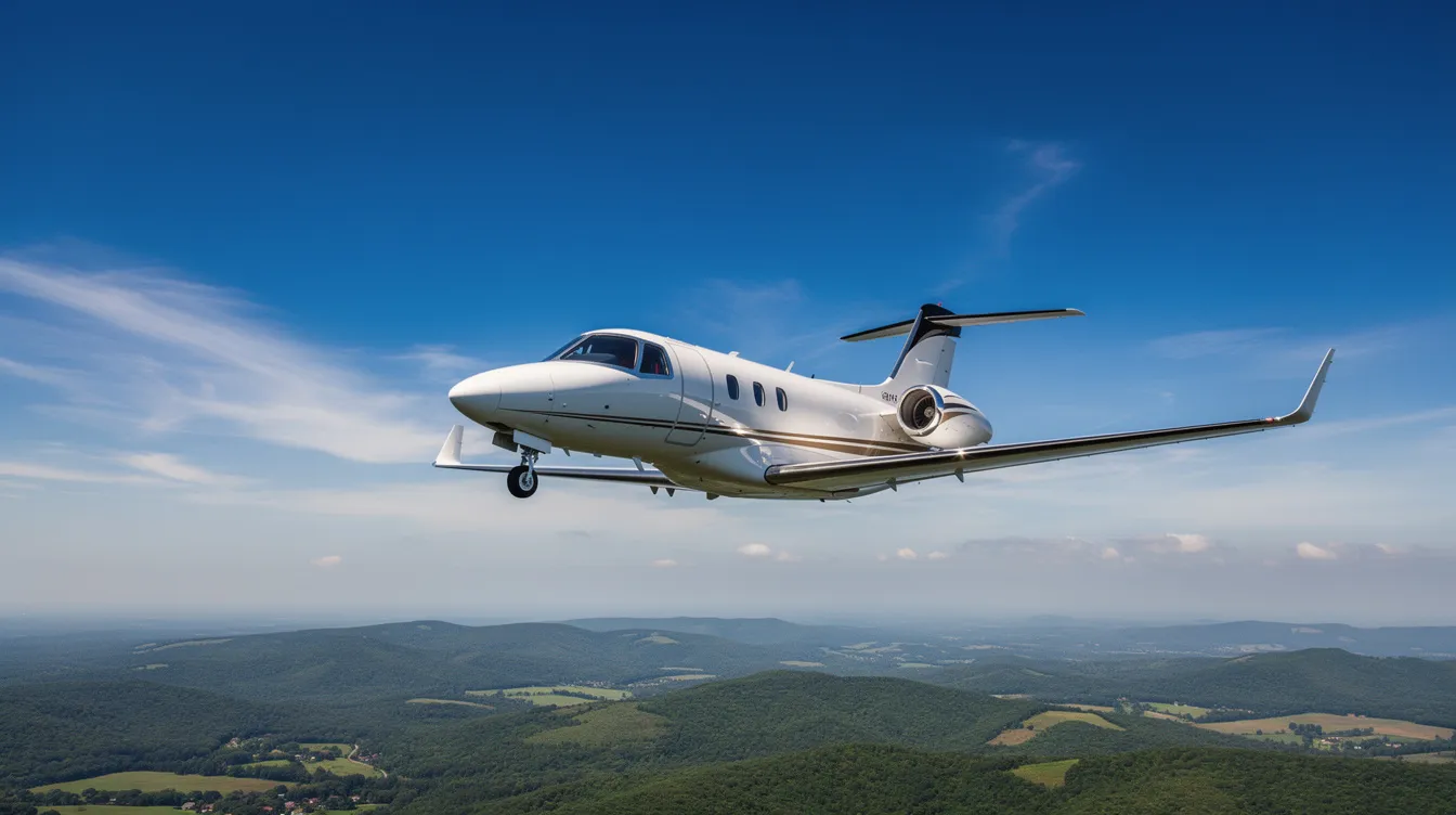 A sleek two-seater personal jet is soaring through a clear blue sky, leaving behind a picturesque green landscape below. This capable aircraft represents the pinnacle of private aviation, offering efficient design and low operating costs for those seeking a luxurious flight experience.