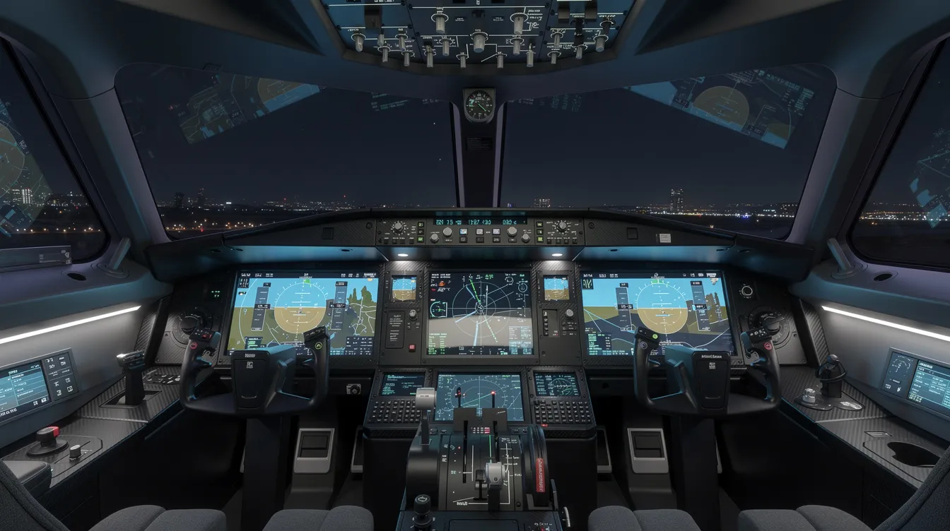 The image depicts a modern glass cockpit interior of a jet aircraft, featuring multiple displays that emit a soft blue light, enhancing the advanced technology and situational awareness for pilots. This sleek design exemplifies the innovative features of private aviation and business jets, designed for efficient flight operations.