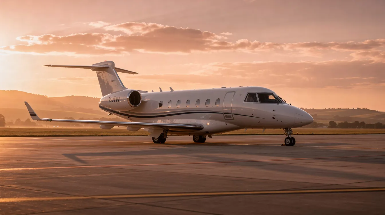 A small private jet, possibly a Cirrus Vision Jet, is parked on a quiet tarmac at sunset, with rolling hills creating a serene backdrop. This personal jet, known for its fuel efficiency and spacious cabin, symbolizes the elegance of private aviation and business travel.