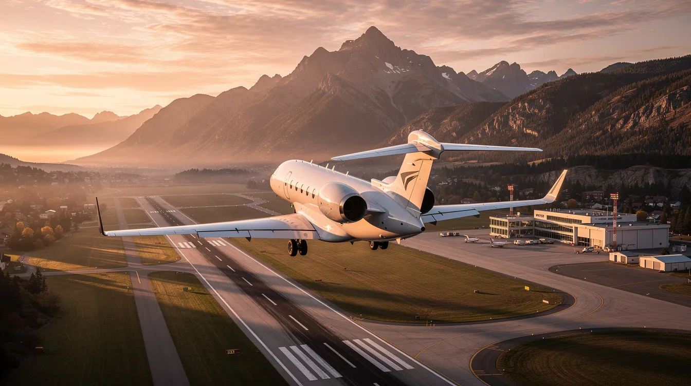 A private jet, possibly a Cirrus Vision Jet, is approaching a small regional airport nestled among mountains during the golden hour, casting a warm glow over the scene. The aircraft, designed for personal use and business aviation, showcases advanced technology and efficient design as it prepares for landing.