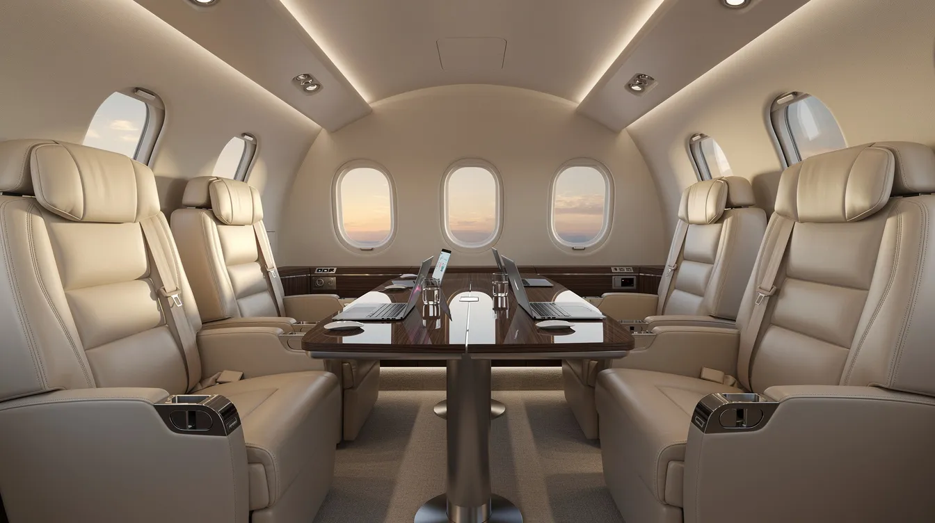 The image depicts the interior of a modern midsize business jet cabin, featuring luxurious leather seats, a spacious conference table, and elegant ambient lighting, ideal for private jet travel and business meetings. This sophisticated setting highlights the comfort and convenience offered by private jet charter services.