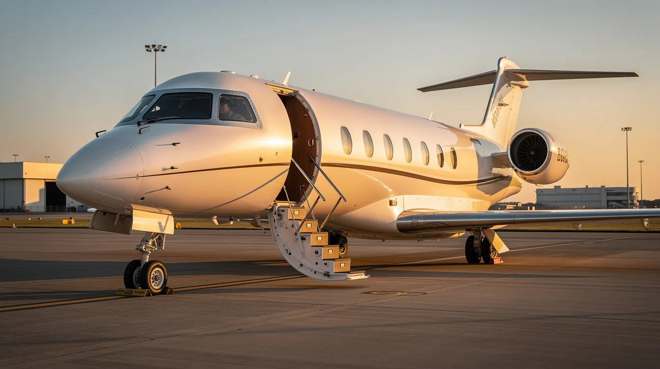 A sleek private jet is parked on the tarmac during golden hour, with its cabin door open and a stairway extended, inviting passengers for a luxurious private jet travel experience. This scene captures the essence of private aviation and the personalized service offered by private jet charter services.