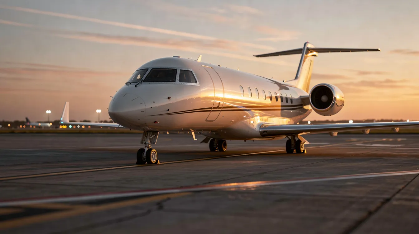 A sleek private jet is parked on a quiet tarmac at dusk, illuminated by warm golden light reflecting off its fuselage, showcasing the elegance of private aviation. This image captures the essence of luxury travel, perfect for those considering private jet charter services for their next journey.