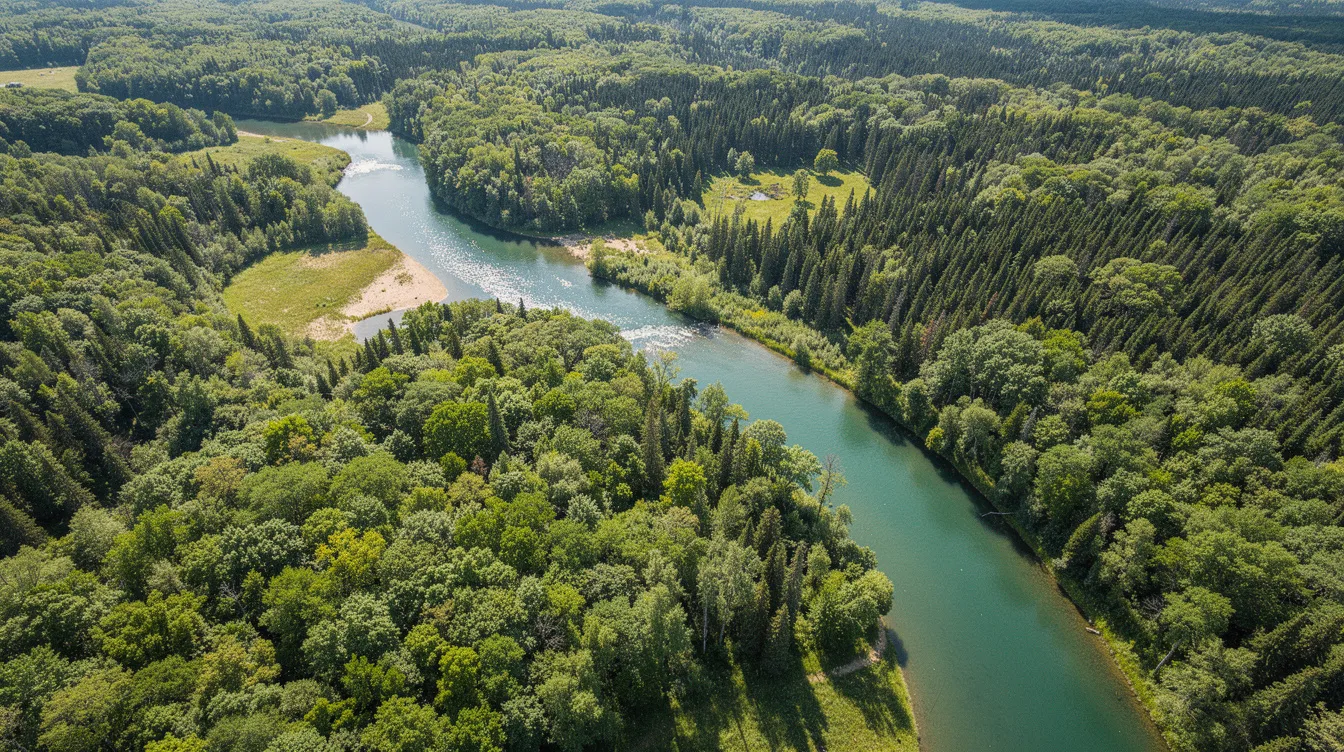 An aerial view captures a vibrant green forest with a river gracefully winding through it under a clear blue sky, evoking a sense of tranquility and natural beauty. This serene landscape could be a perfect destination for those considering private jet travel to explore remote and picturesque locations.