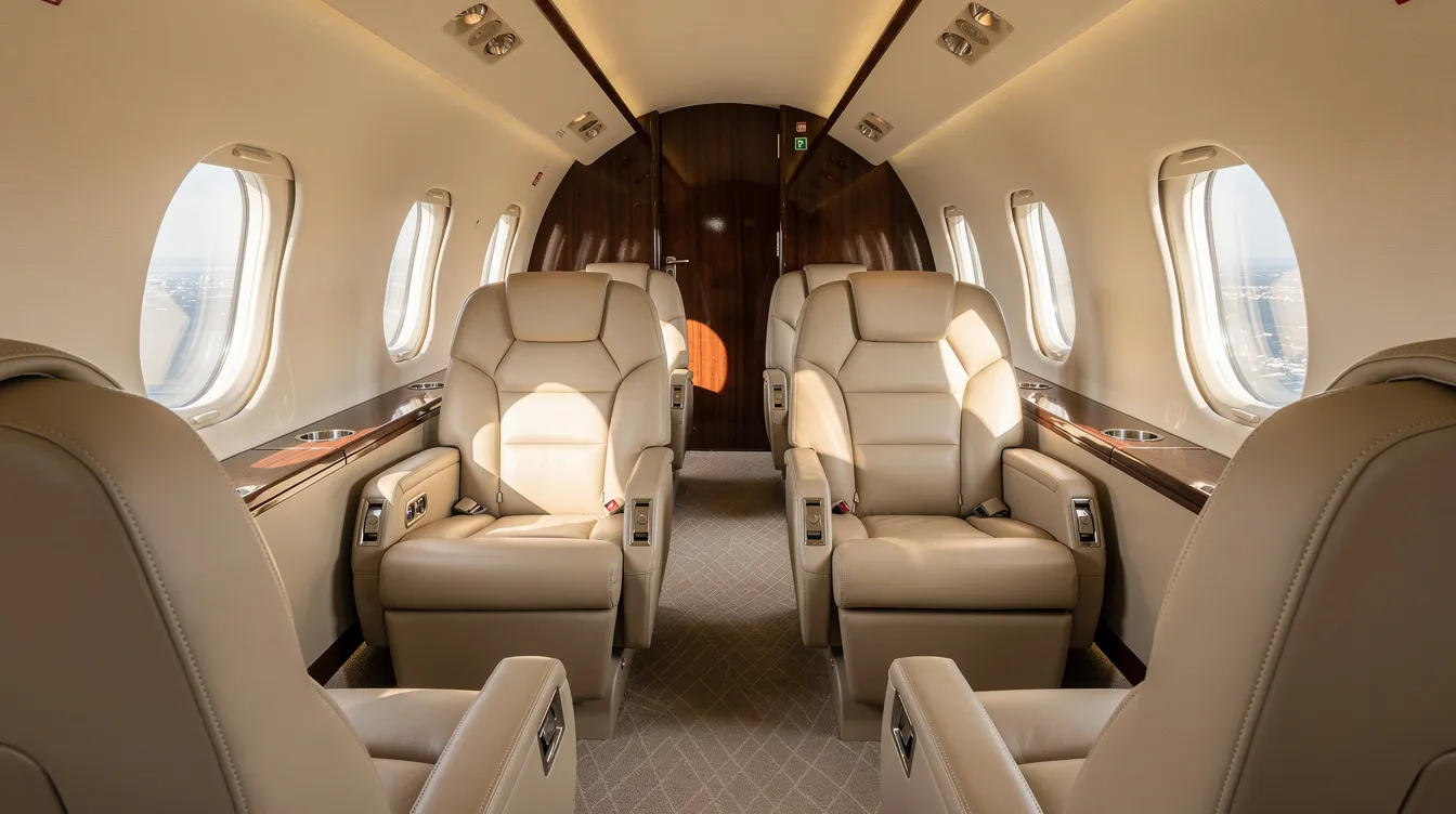 The image depicts the interior of a midsize private jet cabin, featuring cream leather seats arranged in a club configuration, with natural light streaming through oval windows, creating a luxurious atmosphere ideal for private jet travel. This elegant setting exemplifies the comfort and style offered by private jet charter services for a seamless flying experience.