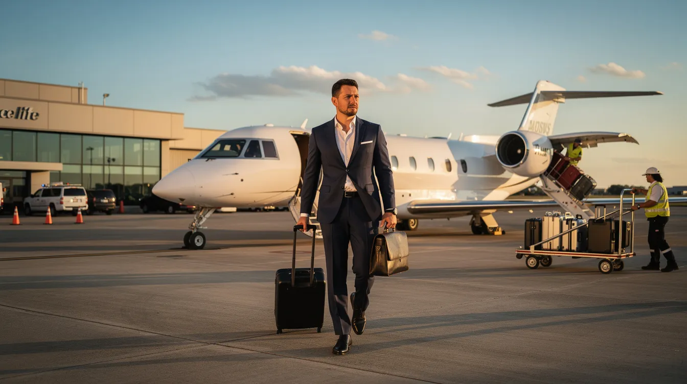 A business traveler strides across a private FBO tarmac towards a waiting private jet, with luggage being loaded onto the aircraft in the background, showcasing the convenience and luxury of private aviation travel. This scene highlights the seamless experience of charter flights, ideal for those seeking flexible scheduling and efficient transport for their next journey.