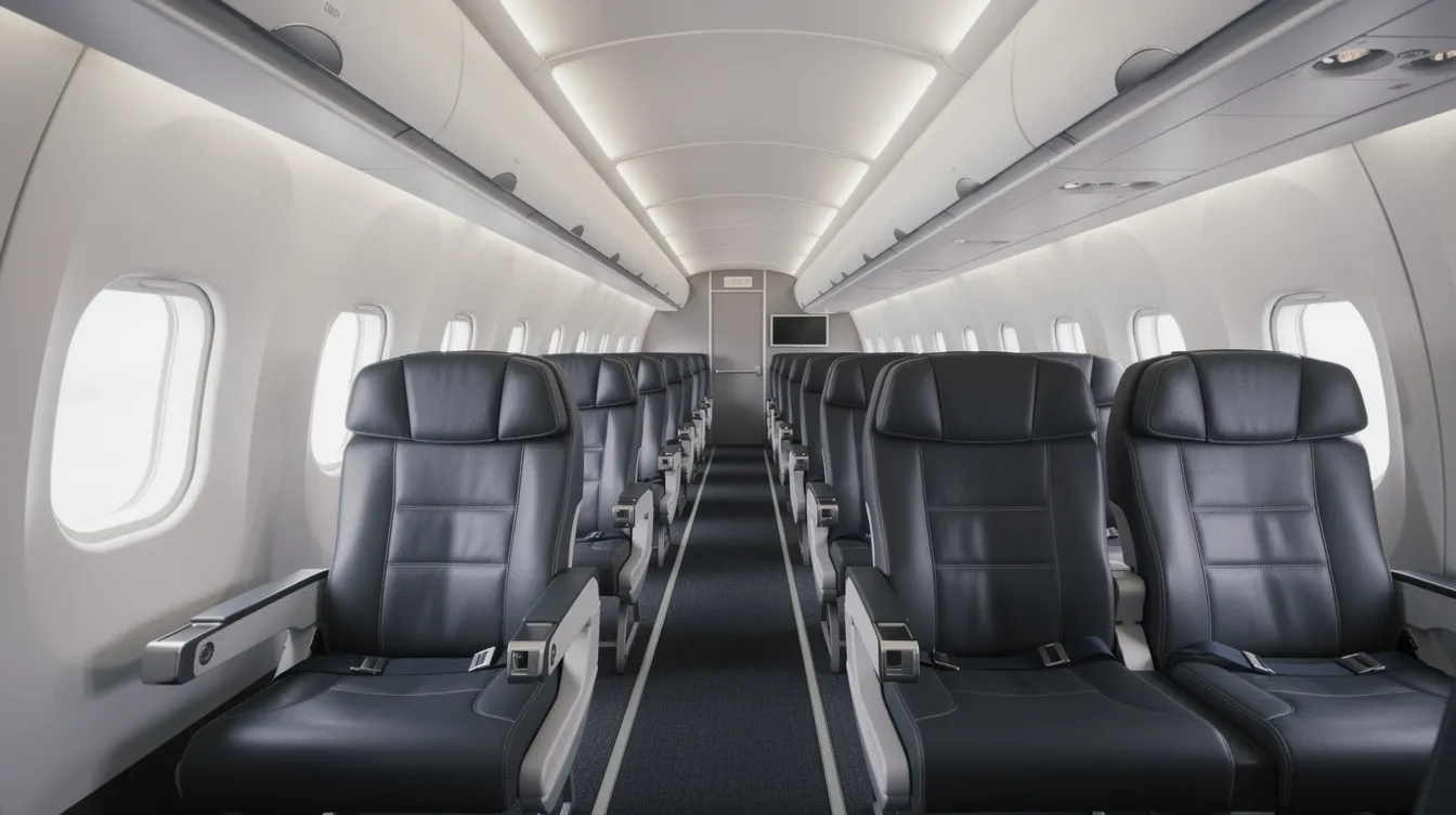 The image shows the interior of a modern narrow-body airplane cabin featuring comfortable seats, overhead lighting, and a clean design, ideal for longer flights. Passengers can enjoy a breezy atmosphere while flying with friendly flight attendants and crew, making the journey pleasant and enjoyable.
