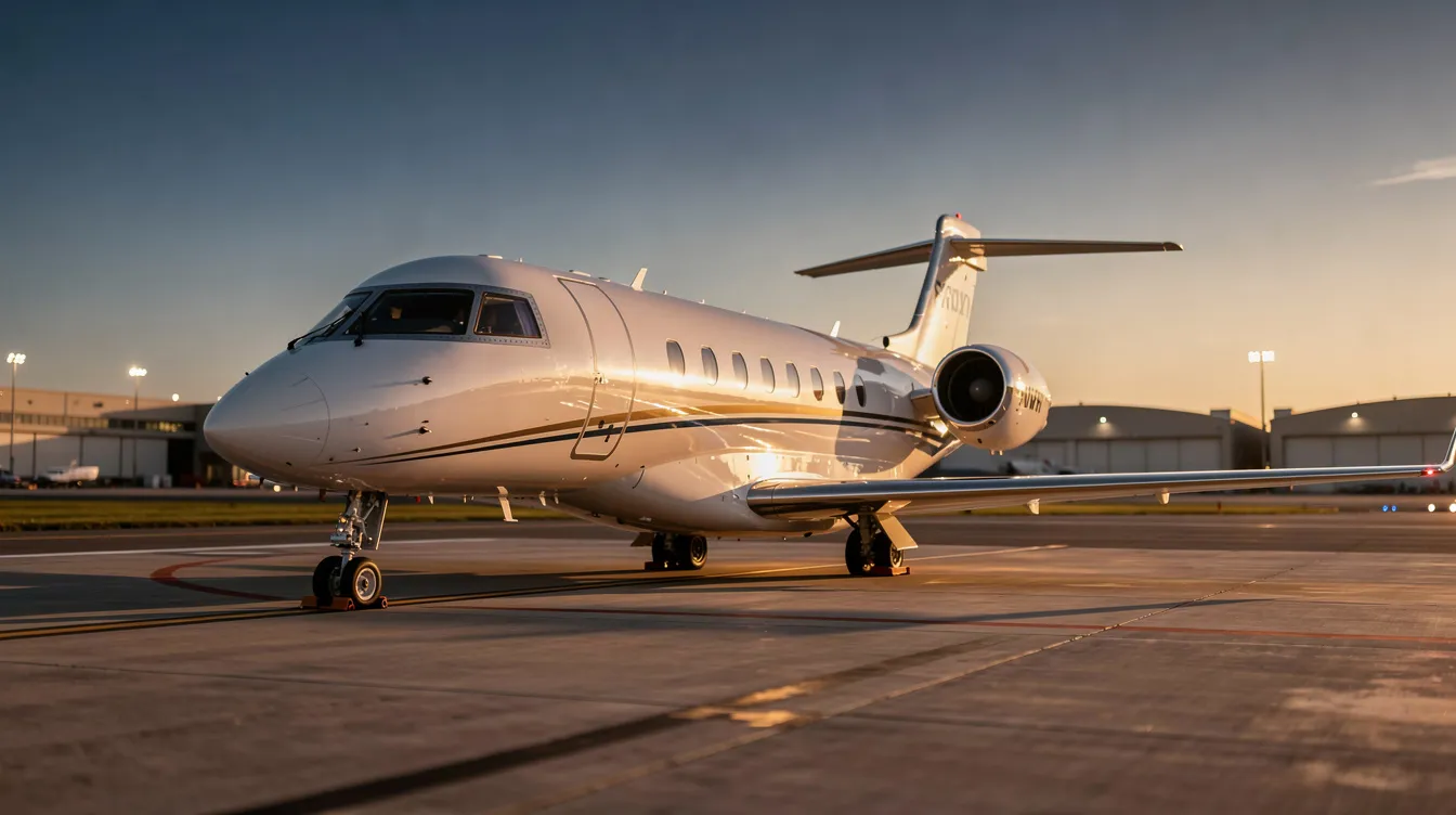 A sleek private jet is parked on a runway during golden hour, with a vibrant orange and pink sky in the background. The clear atmosphere highlights the aircraft's polished exterior, creating an inviting scene for passengers ready to book flights to their dream destinations.