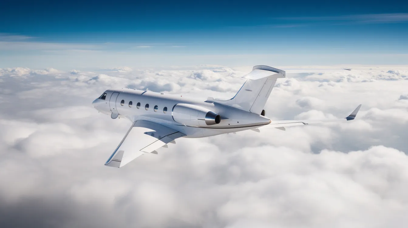 A Gulfstream G550 private jet soars high above a blanket of white clouds, surrounded by a clear blue sky, showcasing its impressive long-range capabilities and sleek design. This ultra long range aircraft is a premier choice for international travel, offering maximum comfort and performance for its passengers.