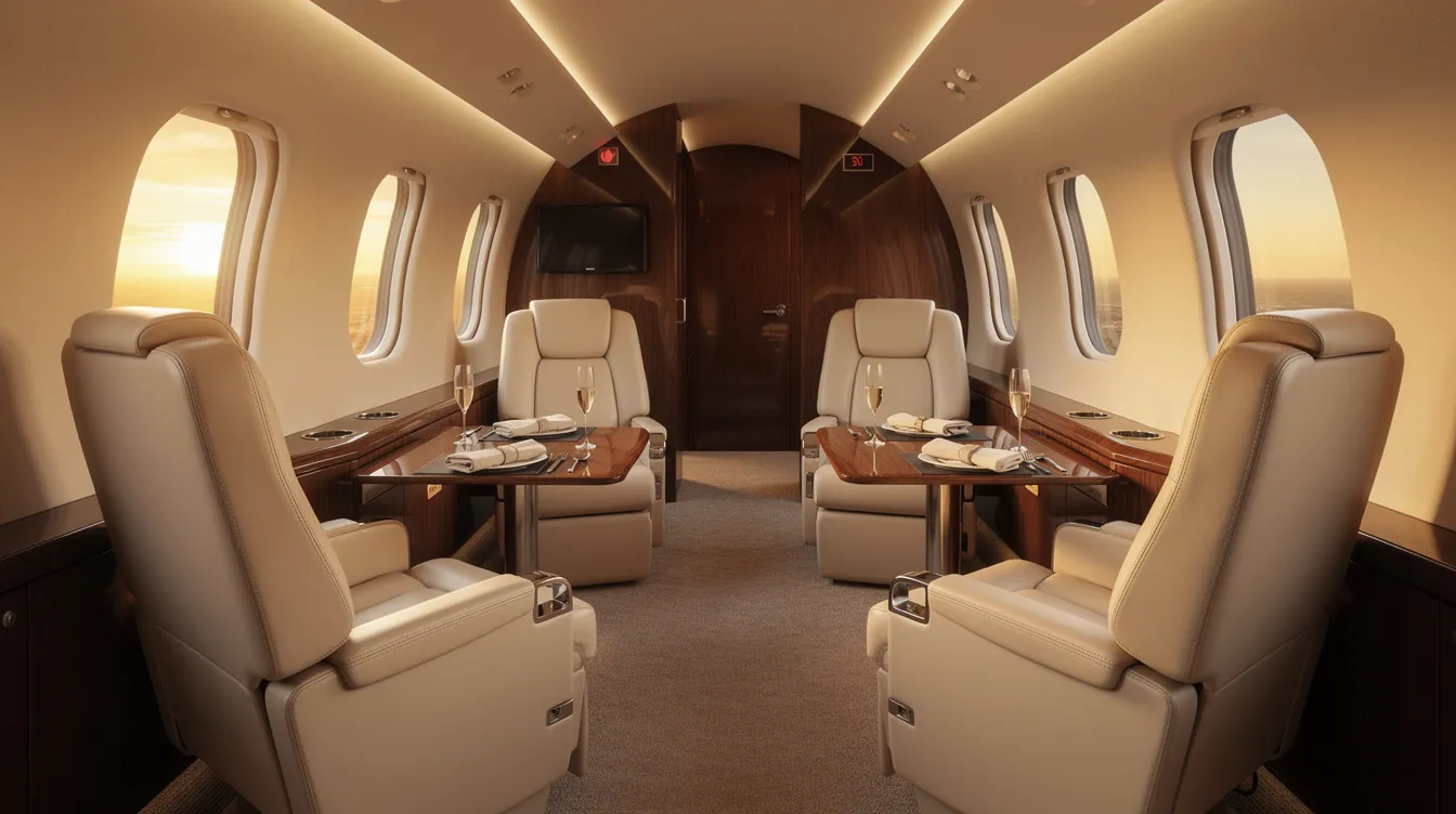 The image depicts the interior of a luxurious private jet cabin, featuring cream leather seats arranged for maximum comfort, complemented by warm ambient lighting. This elegant space, characteristic of the Gulfstream G550, showcases a sophisticated cabin layout designed for an enhanced travel experience.