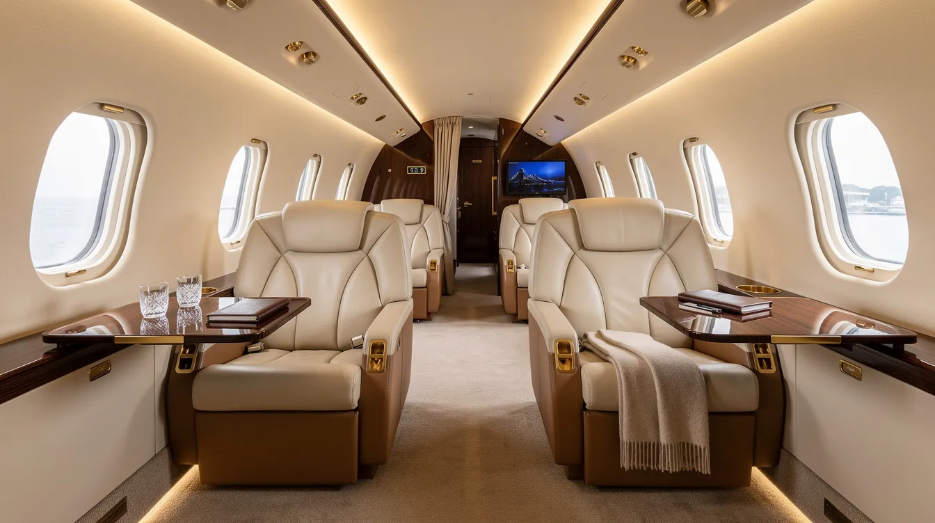 The image showcases the interior of a luxury private jet cabin, featuring large oval windows that allow natural light to flood the space, complemented by plush leather seating and generous aisle spaces for comfort. This exclusive private jet offers a blend of luxurious amenities, ideal for private flights and business travel.