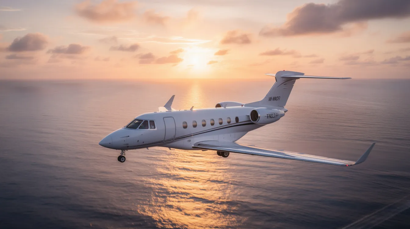 A private jet is soaring over a vast ocean, bathed in the warm hues of a sunset that reflects beautifully on the water's surface. This scene captures the essence of luxury travel, highlighting the exclusivity of private jet services like the Gulfstream G650, perfect for those seeking a serene and elegant flying experience.