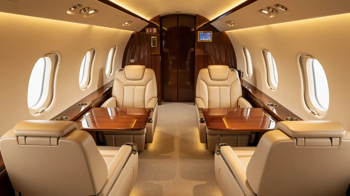 The image depicts the luxurious interior of a Boeing business jet cabin, featuring cream leather seating, dark wood accents, and warm ambient lighting, creating an elegant and inviting atmosphere for private aviation. This sophisticated space highlights the comfort and personalized features typical of purpose-built business jets.