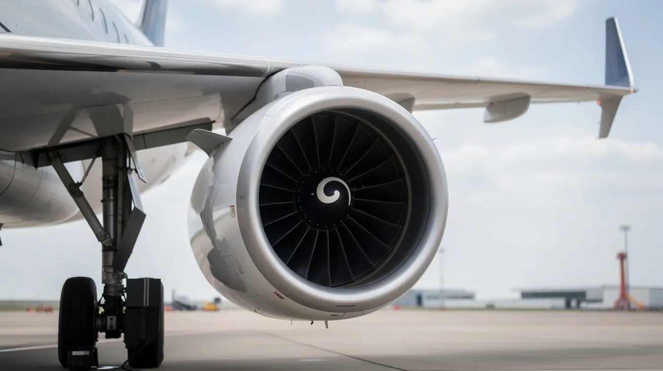 A close-up view of a large commercial jet engine mounted on the wing of a narrow-body aircraft, featuring prominent winglets. This image highlights the engineering of commercial aircraft, such as the Boeing business jet BBJ, showcasing the powerful engine that supports private jet travel and corporate aviation.