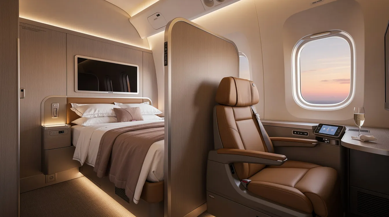 The image shows a luxurious airline first class suite featuring a lie-flat bed and a privacy partition, designed for first class passengers seeking comfort and exclusivity. The spacious seating arrangement ensures personal space, ideal for long haul international flights, complemented by premium service and gourmet meals.
