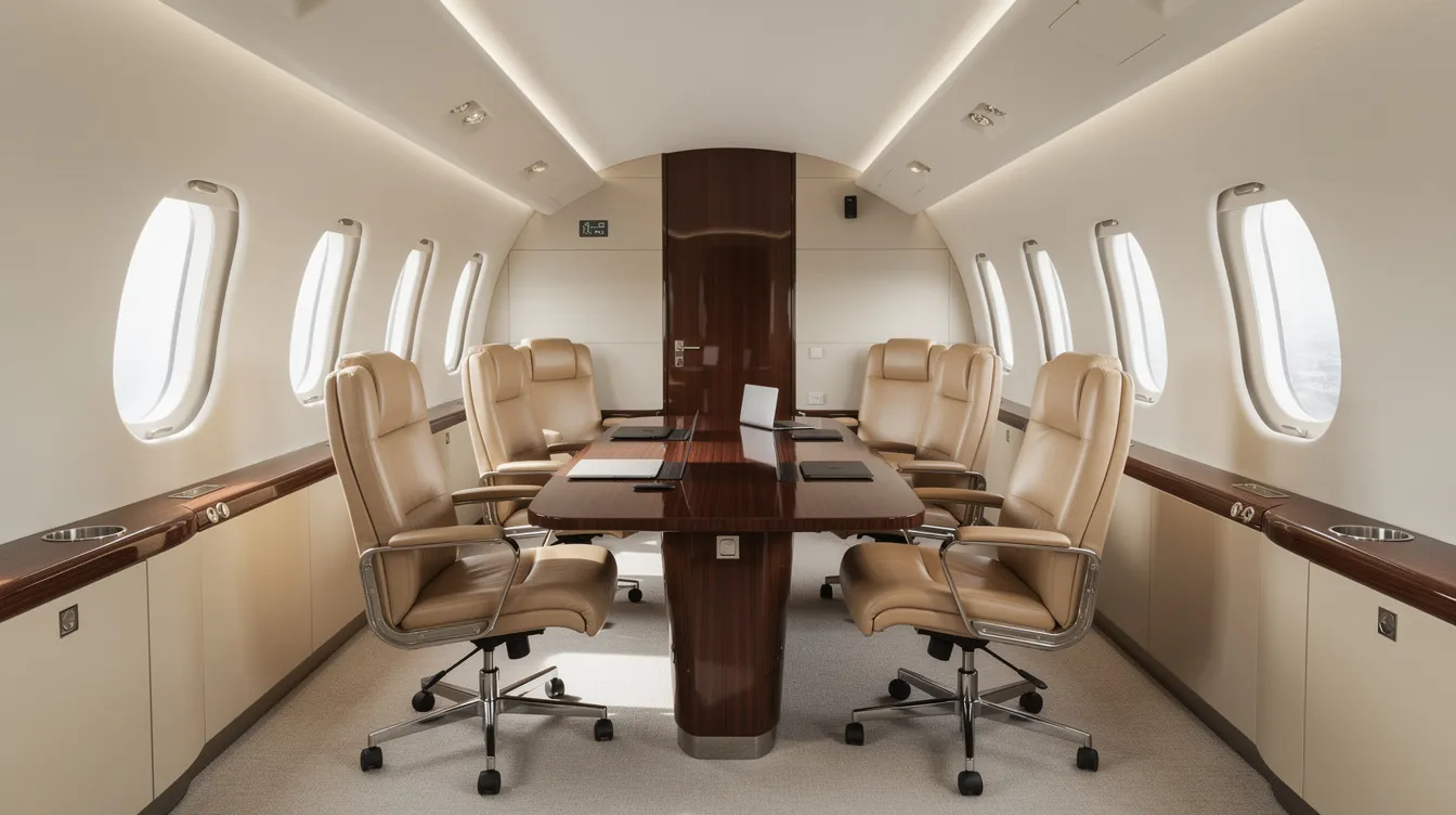 The image depicts the interior of a spacious large-cabin private jet, featuring luxurious leather seating arranged around a conference table, ideal for first class passengers seeking a comfortable and professional environment. The elegant design emphasizes personal space and premium service, reminiscent of business class cabins on long haul international flights.