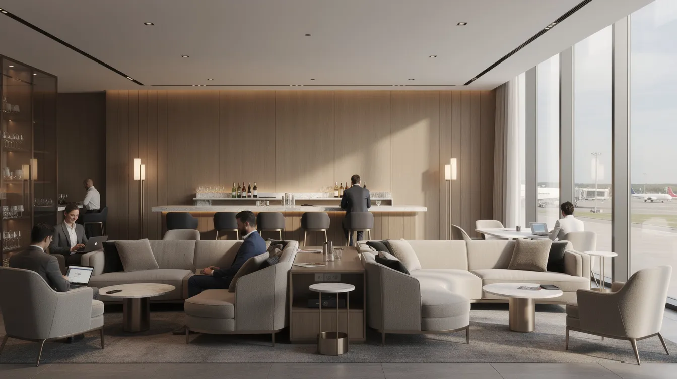 The image depicts an elegant airport lounge designed for first and business class passengers, featuring modern furniture and abundant natural light streaming through floor-to-ceiling windows. The sophisticated atmosphere is perfect for travelers seeking a relaxing space before their long haul flights, with amenities that cater to the needs of elite business travelers.