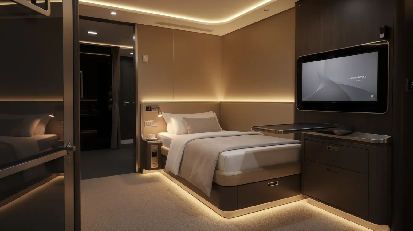 A luxurious private airline suite designed for first class passengers features a lie-flat bed adorned with soft pillows, complemented by warm ambient lighting in a darkened cabin, providing an ideal setting for relaxation during long haul flights. This premium cabin experience ensures comfort and exclusivity, typical of first class service.