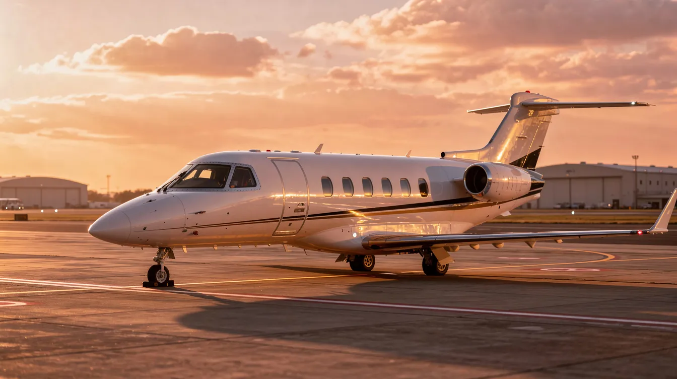 A small private jet is parked on a tarmac at sunset, bathed in warm golden light that reflects off its sleek fuselage. This luxurious aircraft symbolizes the ultimate in first class travel, offering an exclusive experience for business class passengers.