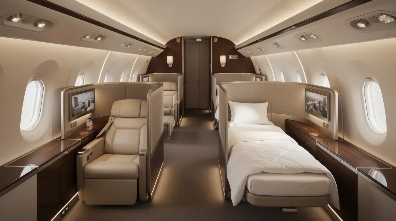 The image depicts the interior of a luxurious first class cabin on a wide-body airplane, featuring lie-flat suites with warm ambient lighting and premium finishes. The spacious layout offers first class passengers a comfortable and elegant flying experience, complete with direct aisle access and ample personal space.