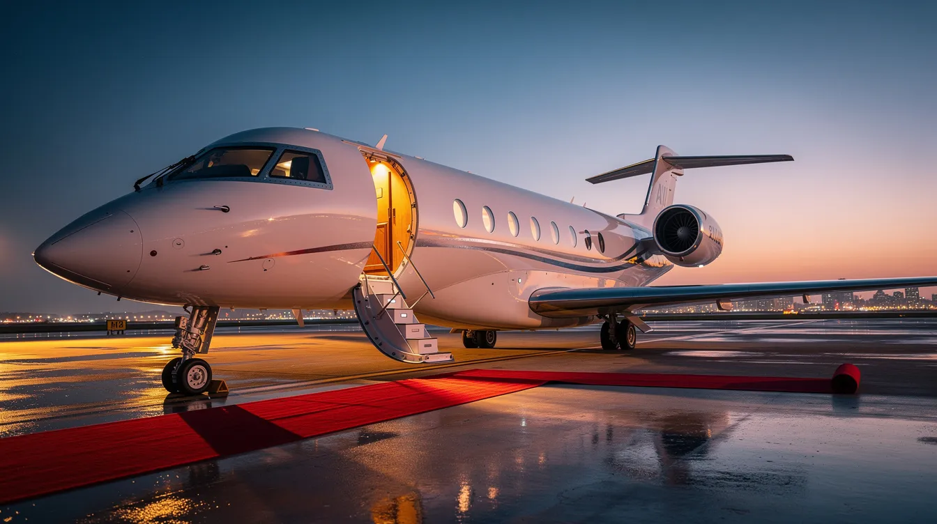 A sleek private jet is parked on a tarmac at dusk, illuminated by warm lighting, with a red carpet extended to the stairs, creating an inviting atmosphere for first class passengers. The scene evokes the luxury and comfort associated with private aviation and the first class experience.
