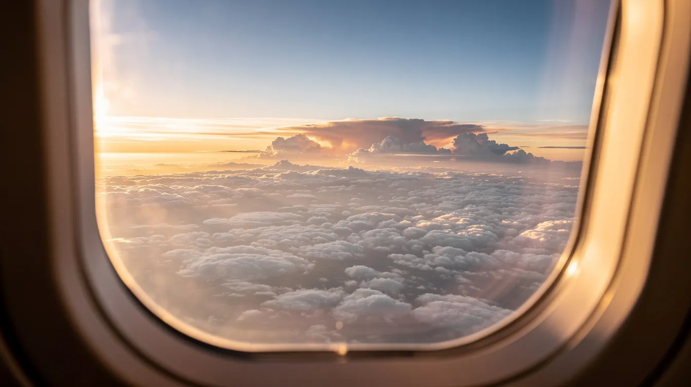 An aerial view captures fluffy clouds illuminated by soft golden light during the golden hour, seen from a high-altitude airplane window, evoking a sense of tranquility often experienced by first class passengers during their flights. The serene scene highlights the beauty of the sky, making it a perfect backdrop for those flying in luxury.