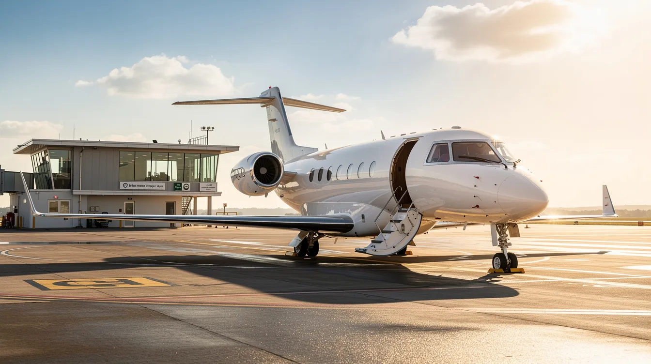 A private jet is parked on a sunlit tarmac beside a small terminal building, with stairs extended for boarding. The scene captures the luxurious atmosphere of private air travel, highlighting the convenience and exclusivity of the experience.