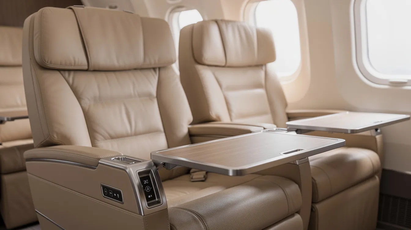 The image features a close-up view of beige leather recliner seats in a United Airlines 737 900 first class cabin, showcasing comfortable armrests and foldable tray tables designed for first class passengers. The luxurious seating arrangement highlights the spaciousness and comfort typical of a first class cabin, ideal for in-flight relaxation.