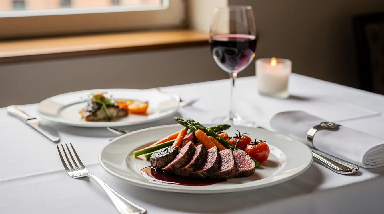 An elegantly plated multi-course meal featuring a juicy steak, vibrant vegetables, and a glass of red wine is set on a crisp white tablecloth, evoking the luxurious dining experience of first class on a United Airlines flight. The presentation highlights the attention to detail that first class passengers can expect during their journey.