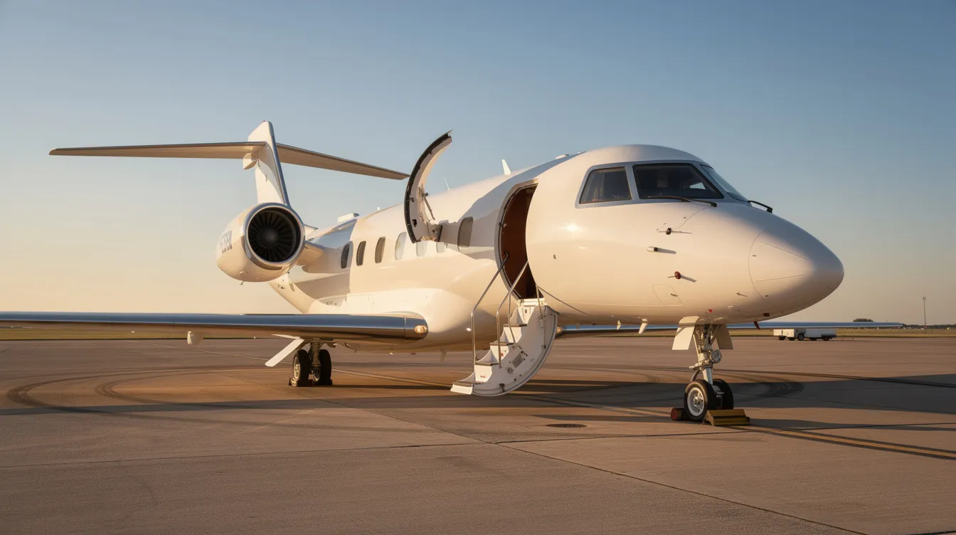 A private jet is parked on a sunlit tarmac with its door open and stairs extended, under a clear blue sky, showcasing an exclusive travel experience often associated with luxury first class flights. The scene emphasizes the elegance and privacy of private aviation, inviting first class passengers to embark on their journey.