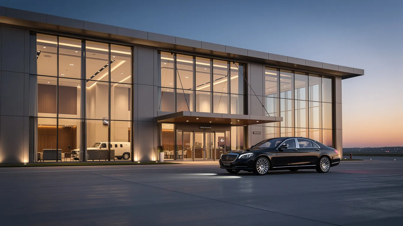The image depicts a sleek private aviation terminal building at dusk, with a luxury sedan parked near the entrance, highlighting the elegance of first class travel. The terminal's modern architecture suggests a premium experience for first class passengers, offering an inviting atmosphere for those arriving for their luxury flights.