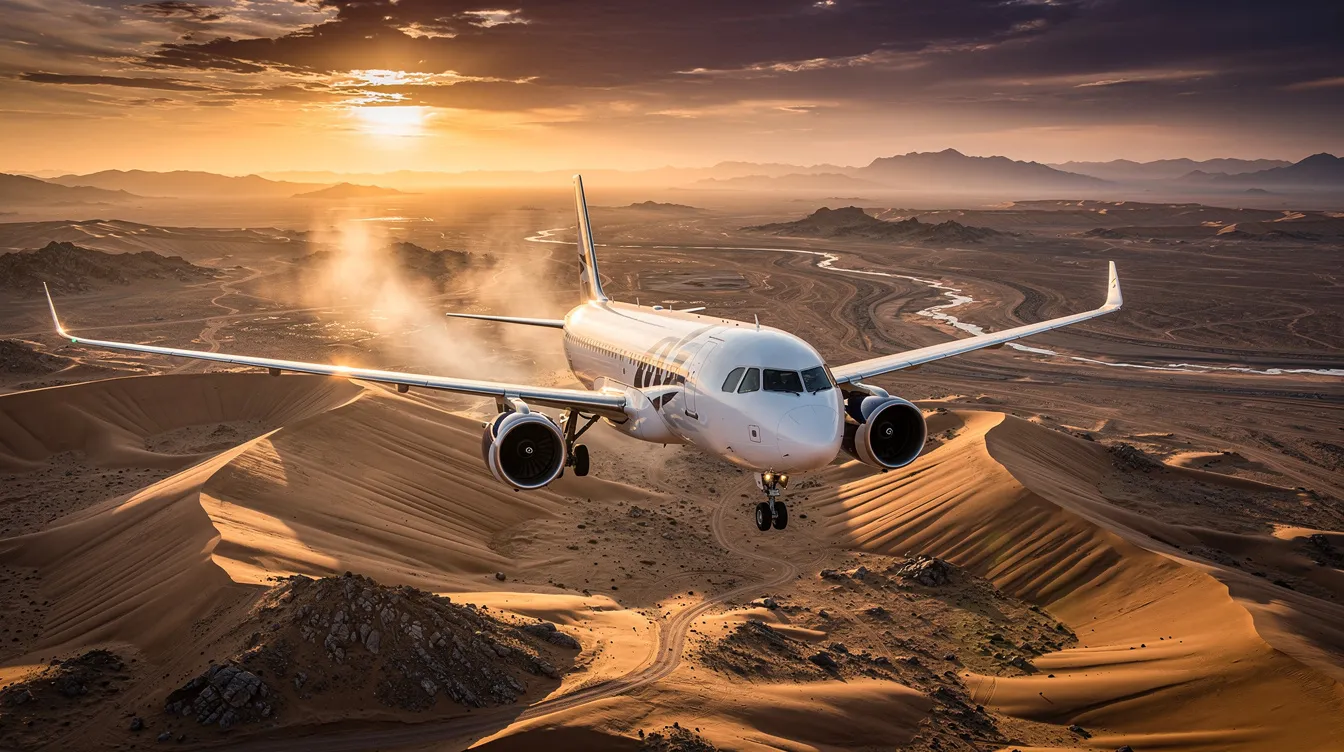 A modern commercial aircraft soars over a stunning desert landscape at sunset, illuminated by golden light, showcasing the beauty of international flights. This scene evokes the luxury of first class cabins, where passengers enjoy premium service and fine dining as they travel.