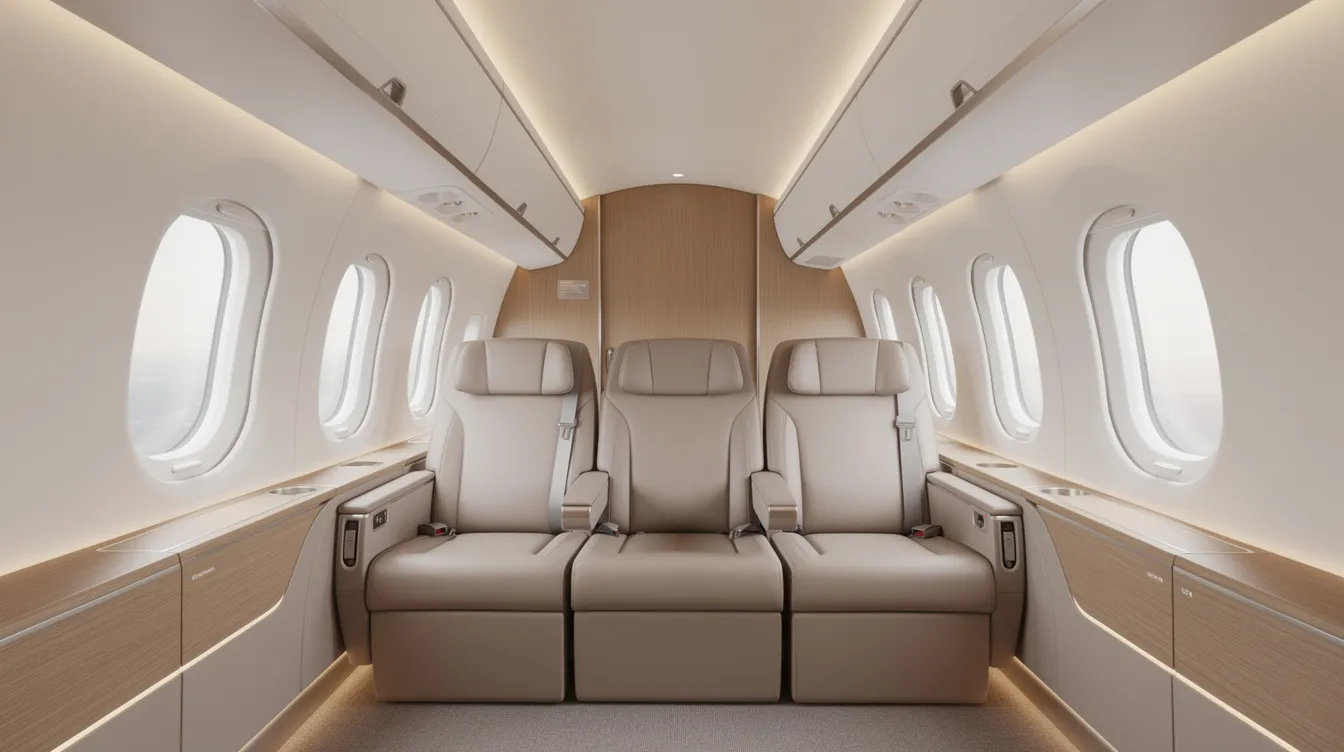 The image depicts an elegant minimalist aircraft cabin interior designed for first class passengers, featuring clean lines, warm wood accents, and soft lighting that creates a serene atmosphere. This luxurious first class cabin is equipped with private suites and comfortable seating, emphasizing a premium flying experience.