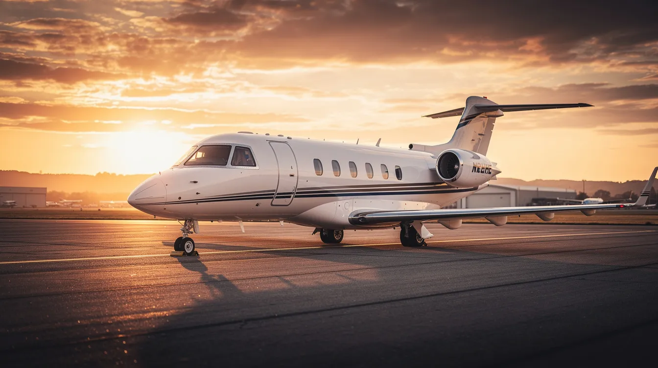 A small private jet is parked on a runway at sunset, bathed in golden light that reflects off its fuselage, creating a serene and luxurious atmosphere reminiscent of a first class cabin experience. The scene captures the elegance of private flight, highlighting the beauty of aviation at dusk.