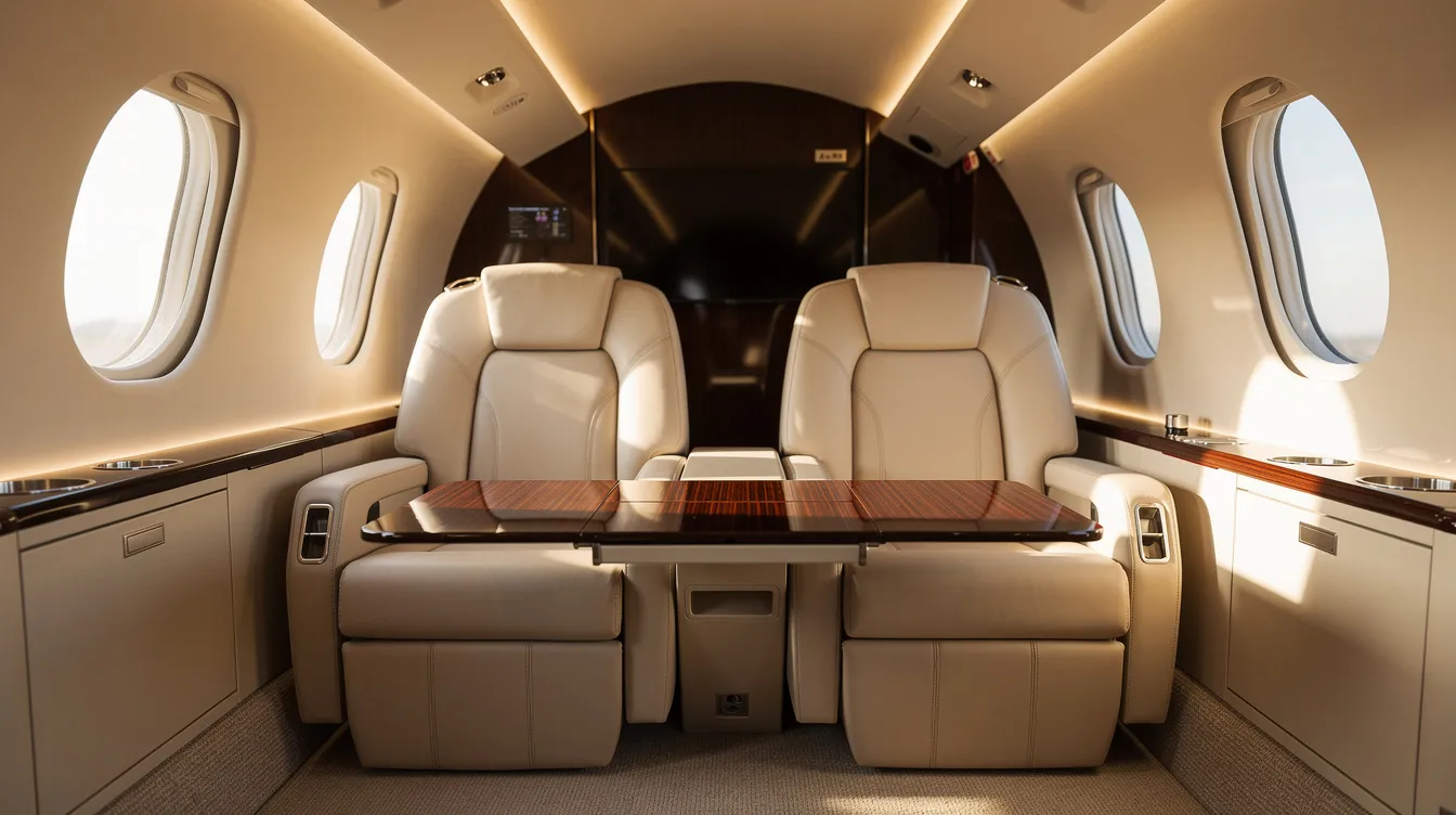 The image depicts a luxurious private jet interior featuring cream leather club seats arranged to face each other, with a polished wood tray table positioned between them, highlighting the elegance of the first class cabin experience. The ambiance is complemented by mood lighting, creating a sophisticated atmosphere for first class passengers.