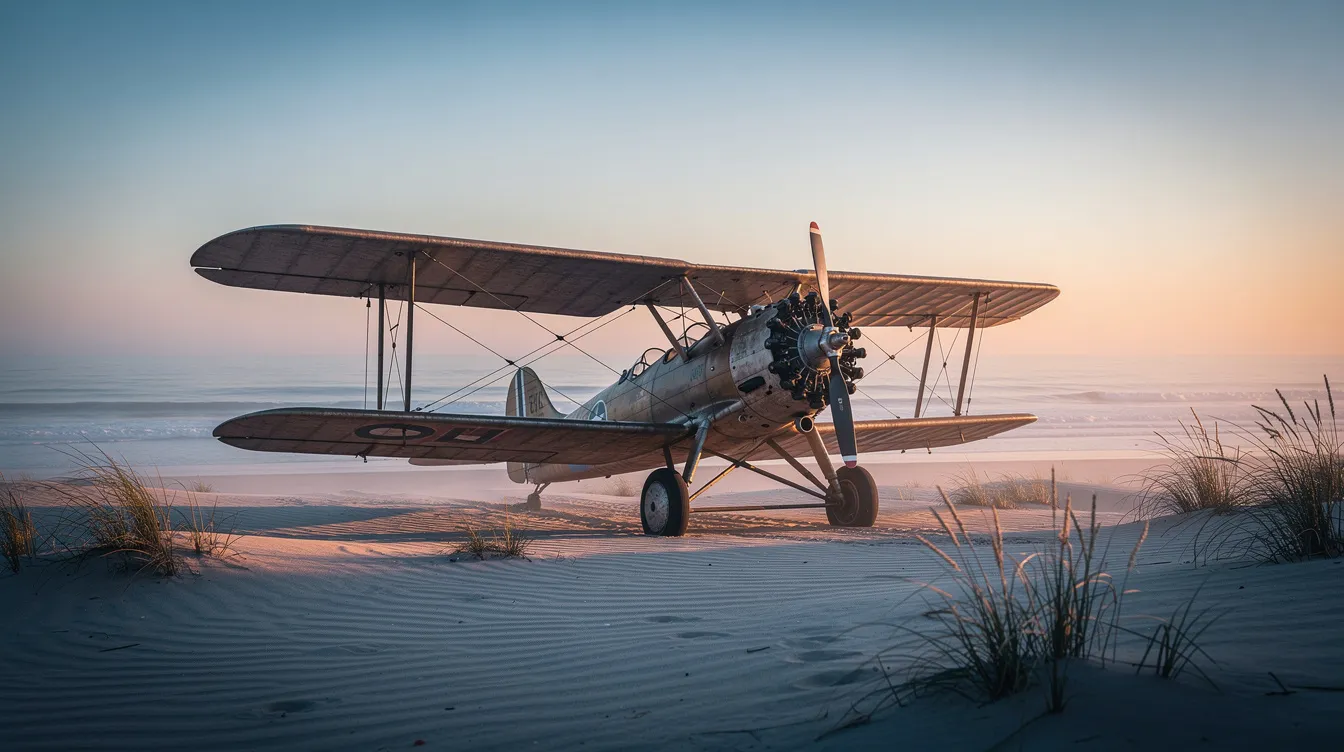 A vintage biplane sits gracefully on sandy dunes at dawn, with the tranquil Pacific Ocean visible in the background. The scene captures a moment in aviation history, evoking the spirit of early flight and the romance of classic aircraft.
